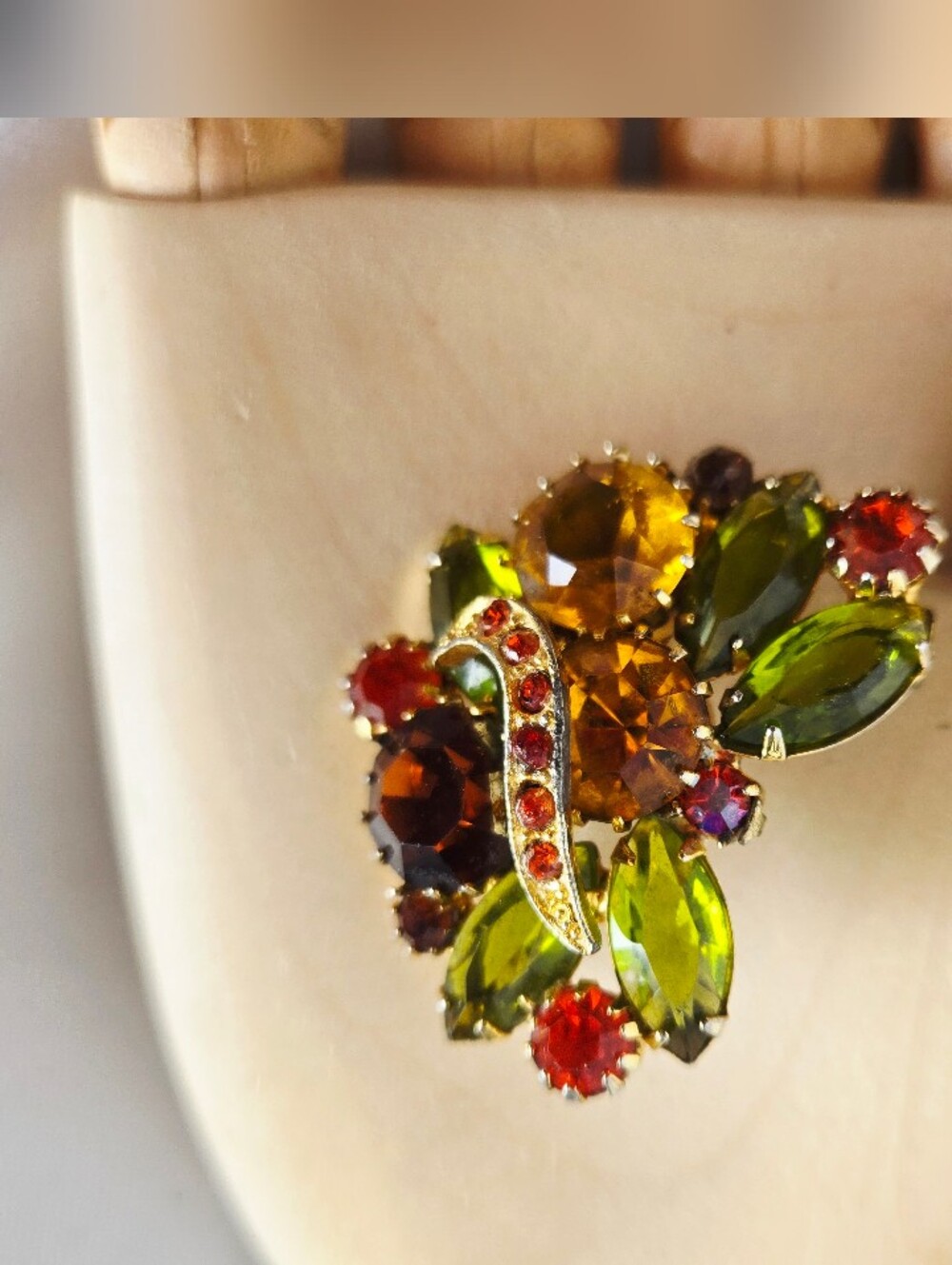 Vintage Rhinestone Floral Brooch Green Amber Orange Gold Tone Statement Jewels